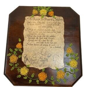 70s  Wall Plaque Childhood Poem Vintage Handmade Floral Wooden Frame Sz 11X10.5